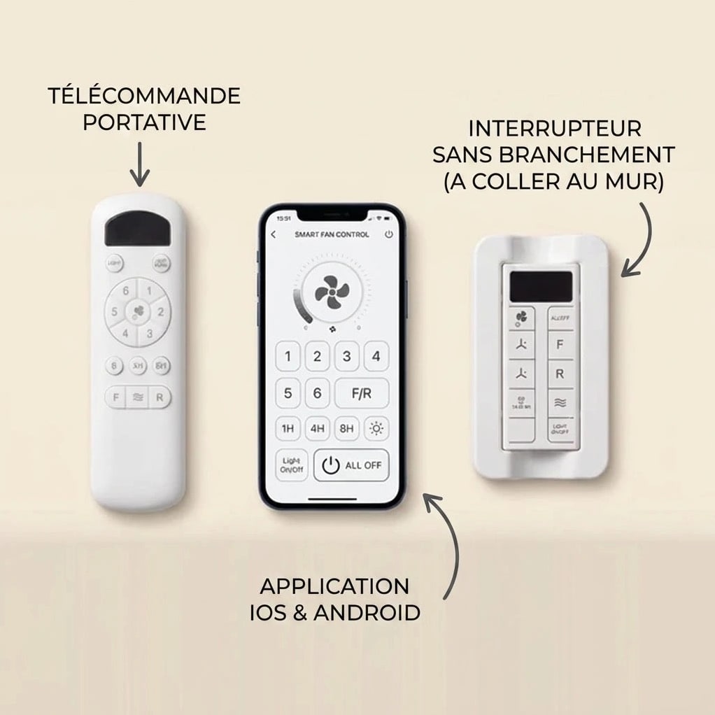 Commandes du ventilateur : télécommande, interrupteur mural et application